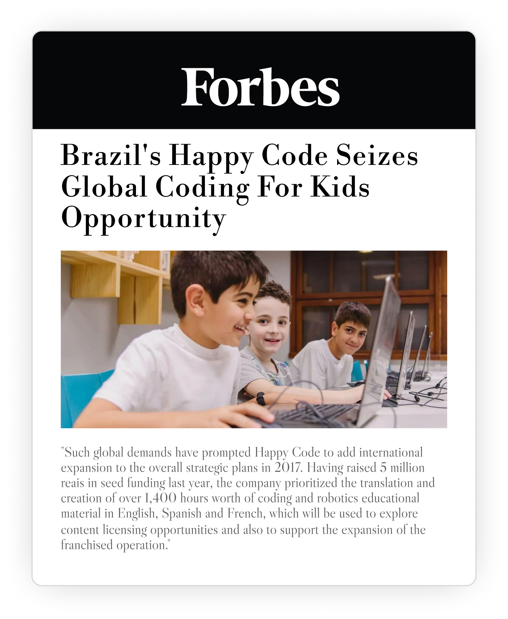 Forbes — Brazil's Happy Code Seizes Global Coding For Kids Opportunity